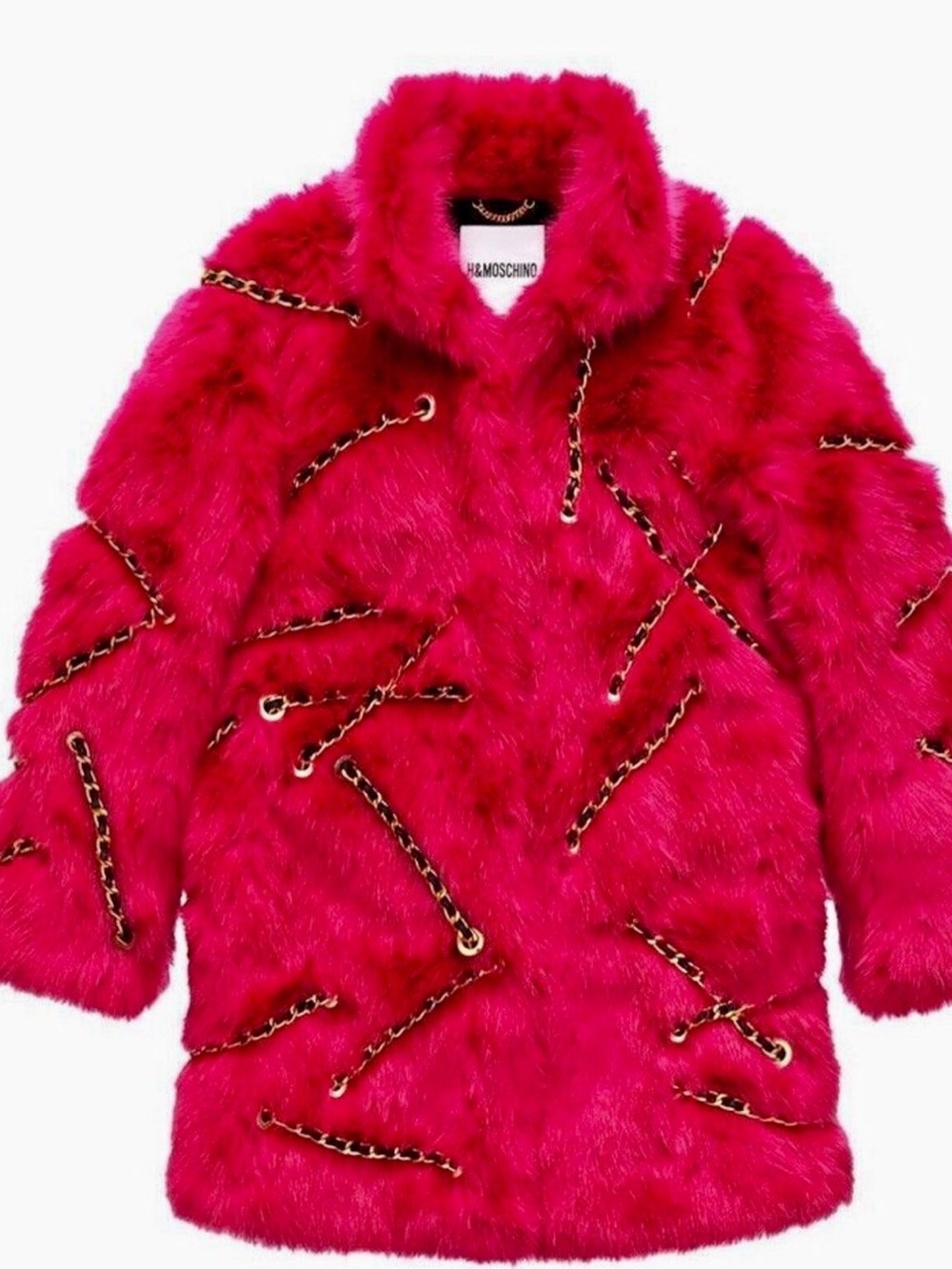 Moschino Vibrant Pink Faux-Fur Coat with Gold Chain Detail